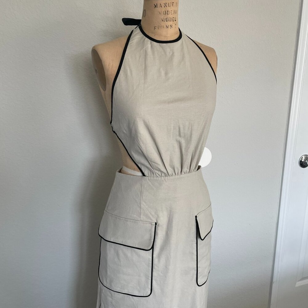 STAUD Backless Halter Dress in Beige and Black